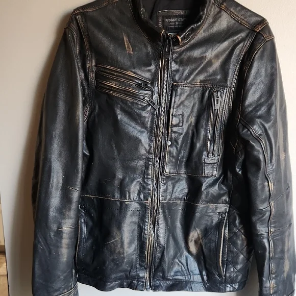 Rogue State Men's Distressed Black Leather Jacket Large - Picture 15 of 16